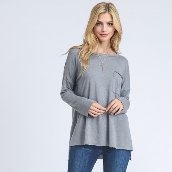 Tops - Gray Long Sleeve French Terry Pocket Top
